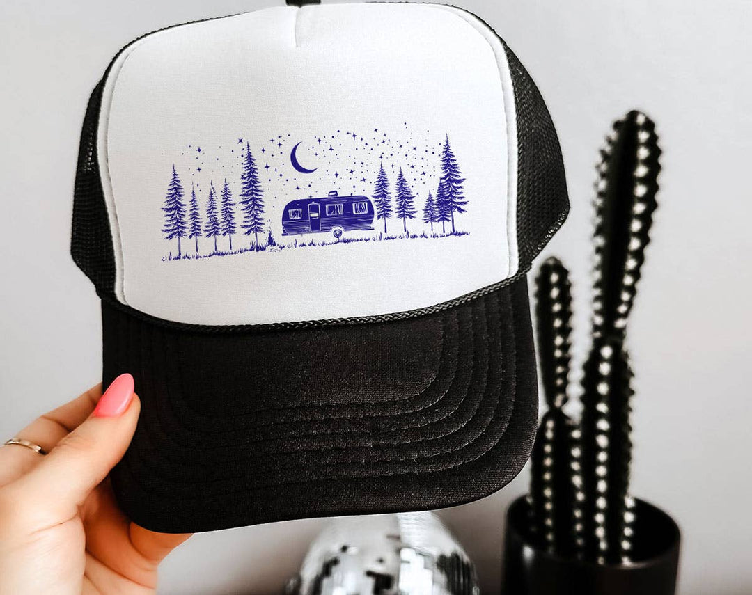 "Camping Life Under The Stars" design on a mesh-back snapback trucker hat