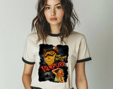 "The Return Of Vampurr Cat" design on a natural ringer t-shirt with black contrast trim