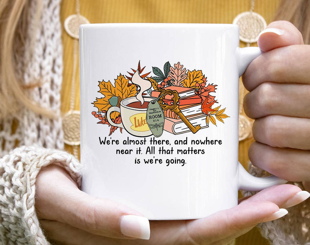 "We're Almost There Gilmore Girls Fall" fall design on a white coffee mug