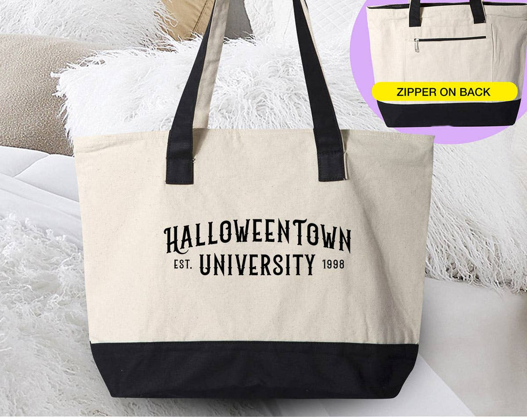"Halloweentown University" design on a natural canvas zippered tote bag