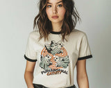 "Purranormal Cativity Cat Ghost" design on a natural ringer t-shirt with black contrast trim