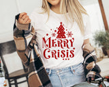 "Merry Crisis" design on a white unisex t-shirt
