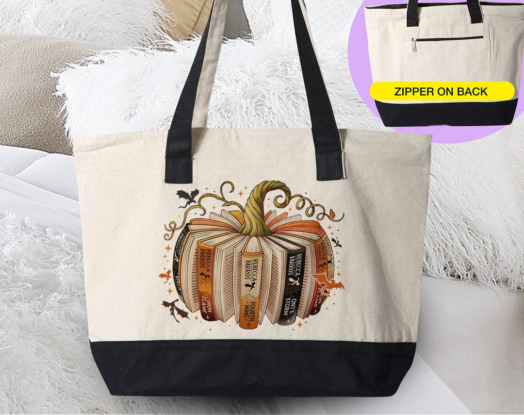 "Fourth Wing Inspired Pumpkin Book" design on a natural canvas zippered tote bag
