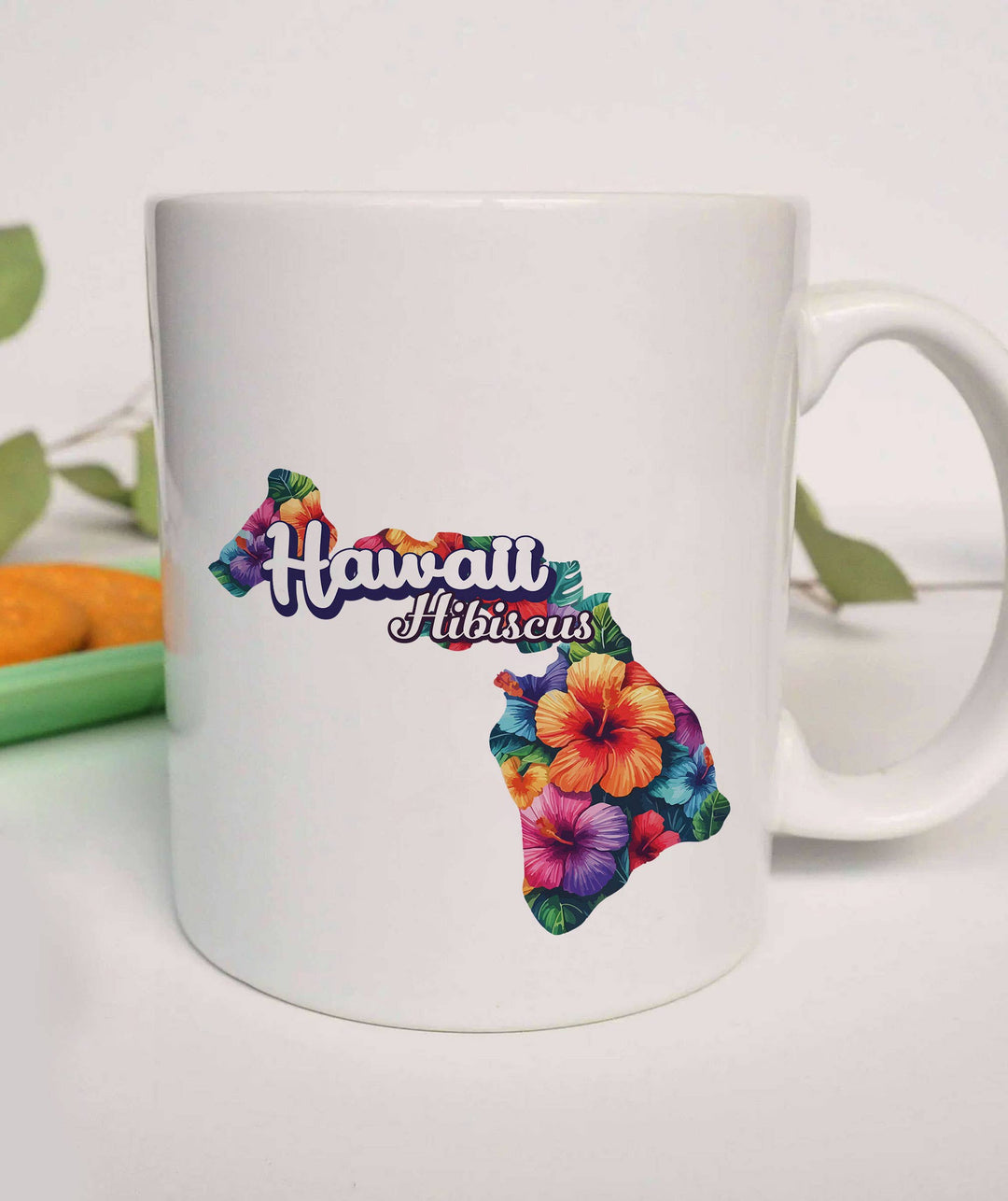 "Hawaii State Flower Hibiscus" design on a white ceramic coffee mug