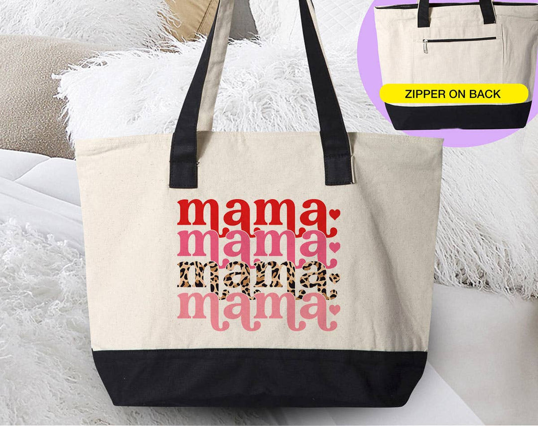 "Mama Leopard Heart X 4" design on a natural canvas zippered tote bag