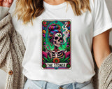 "The Stoner Tarot Skeleton" design on a white unisex t-shirt