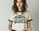 "That Sounds Like My Husband's Problem" design on a natural ringer t-shirt with black contrast trim