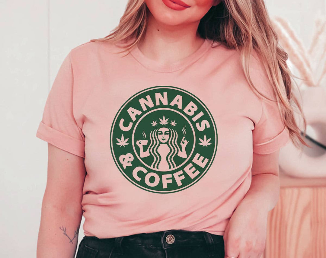 "Cannabis And Coffee" design on a peach unisex t-shirt