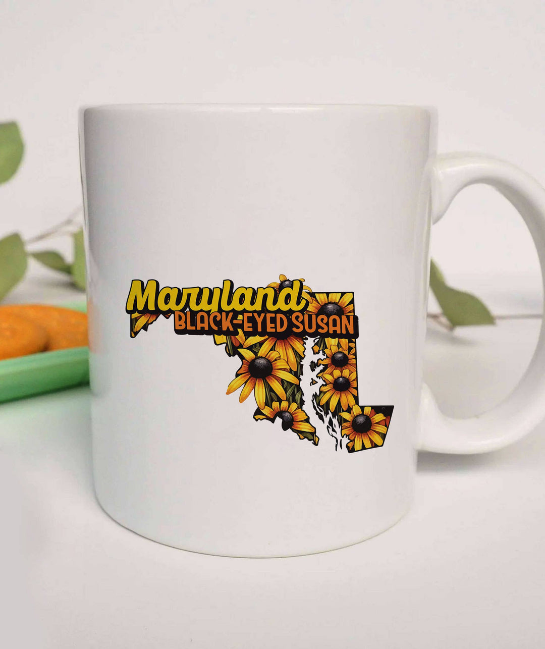 "Maryland State Flower Black-Eyed Susan" design on a white ceramic coffee mug