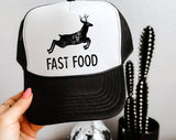 "Fast Food Deer Hunting" design on a mesh-back snapback trucker hat