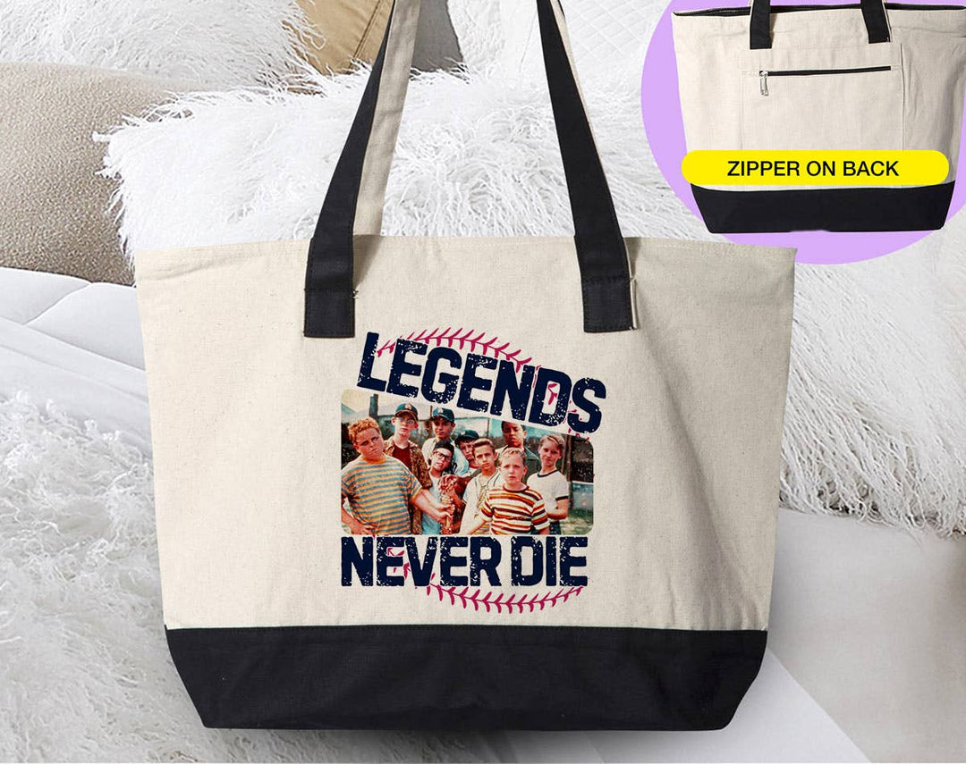 "Legends Never Die Sandlot" design on a natural canvas zippered tote bag