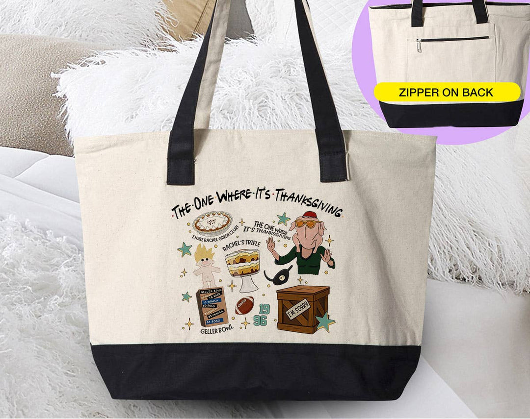 "The One Where Its Thanksgiving Friends Inspired" design on a natural canvas zippered tote bag