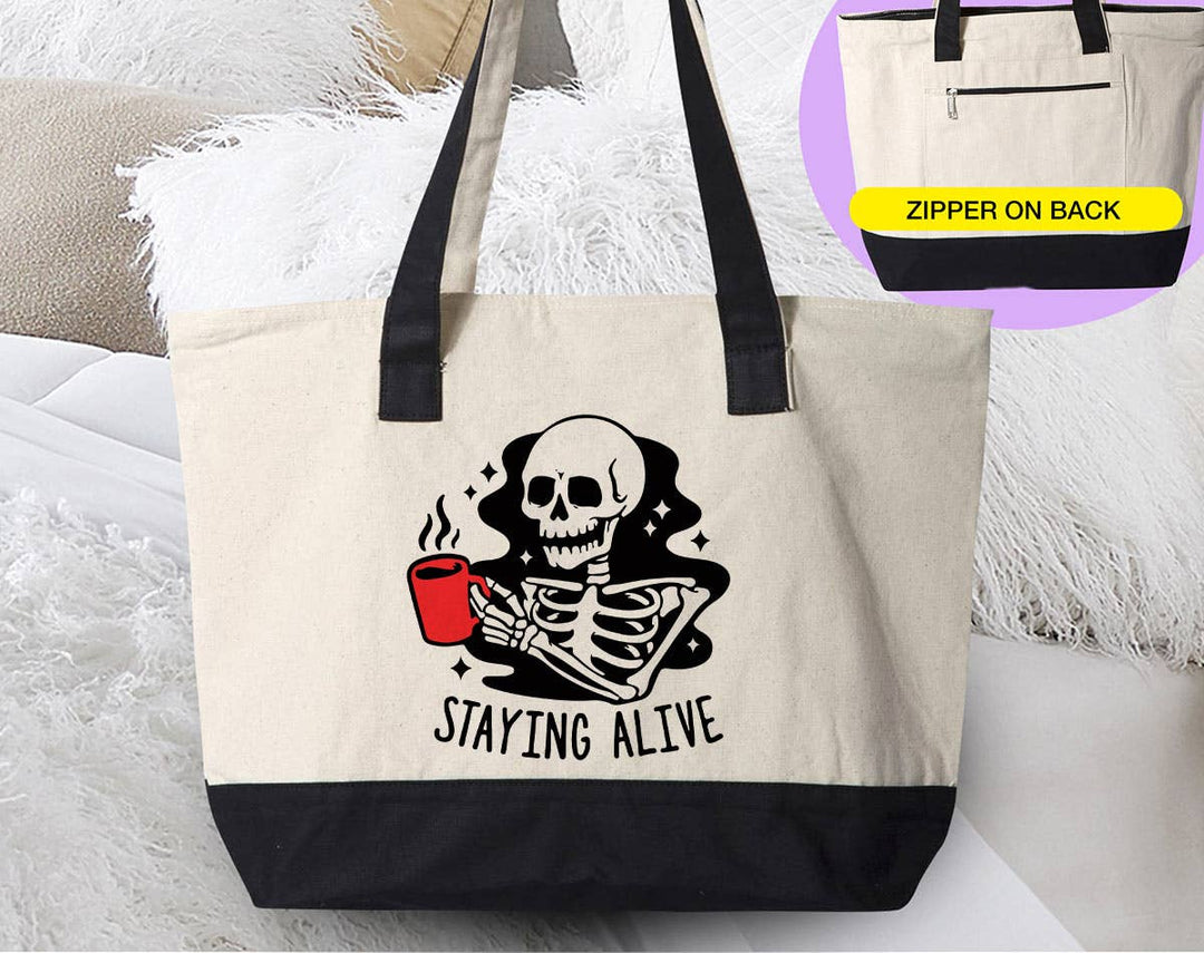 "Staying Alive Coffee" design on a natural canvas zippered tote bag