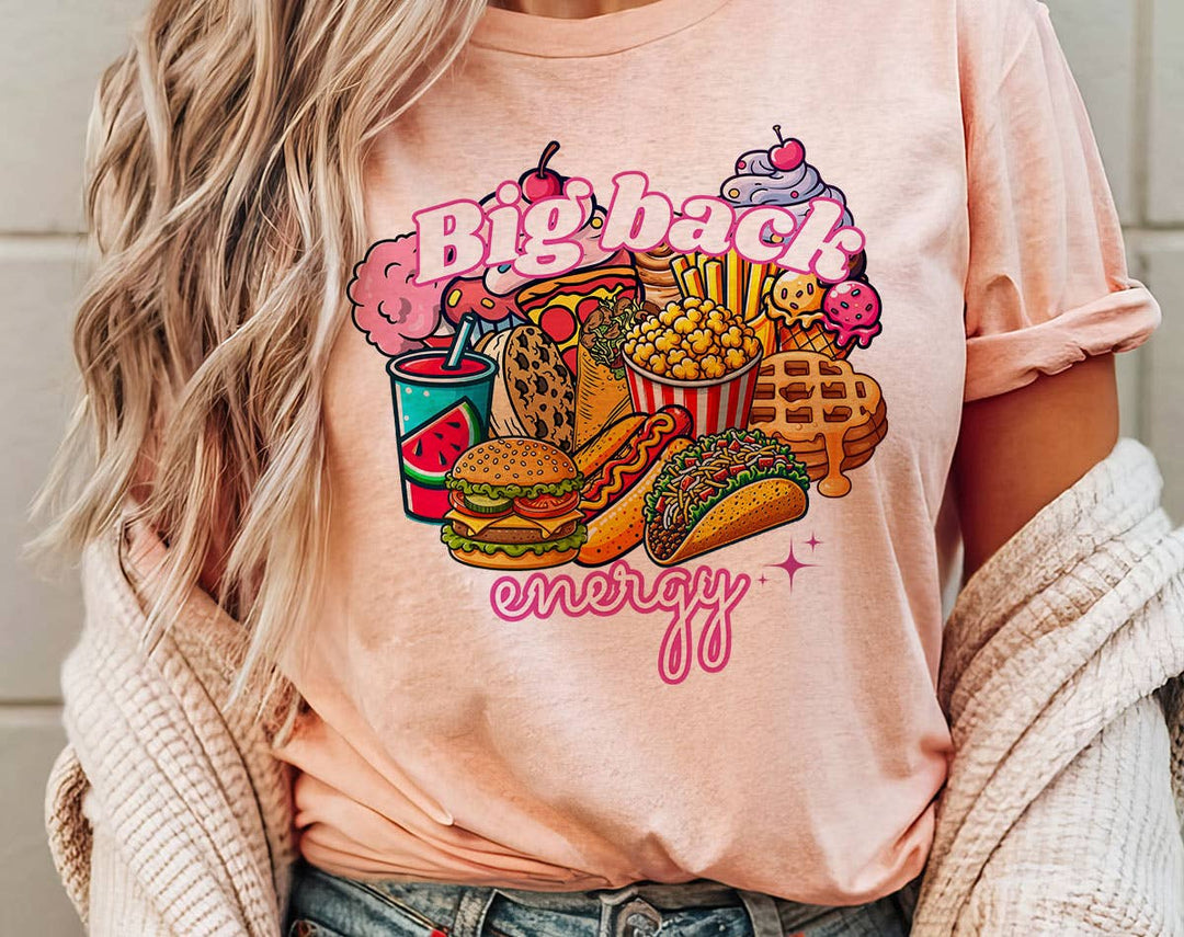 "Big Back Energy" design on a peach unisex t-shirt