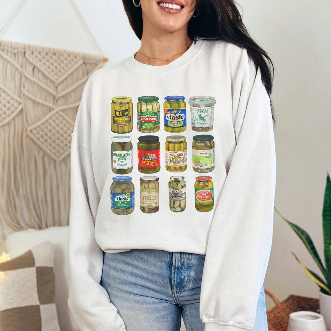"Pickle Jar Brands" design on an ash gray unisex crewneck sweatshirt