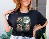 "3 Raccoons Howling At The Moon" design on a black unisex t-shirt