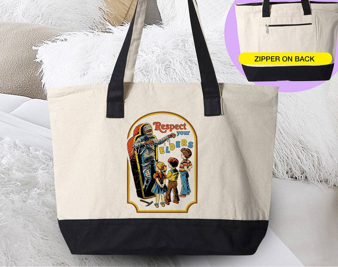 "Respect Your Elders Retro Zombie Halloween" design on a natural canvas zippered tote bag