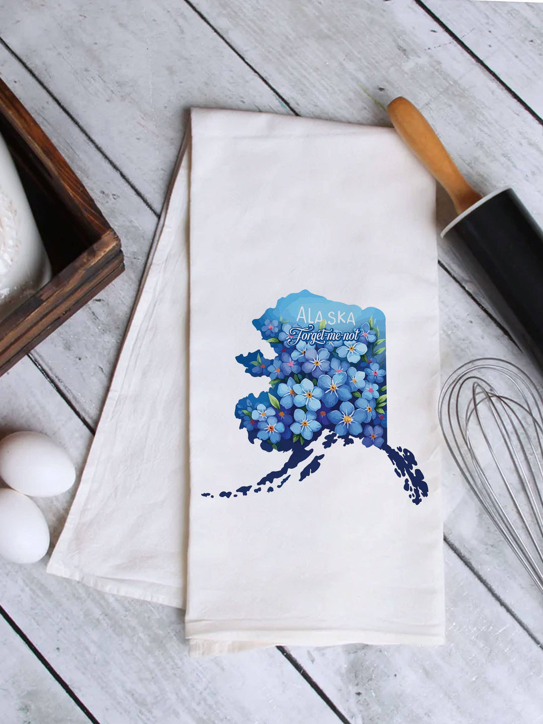 "Alaska State Flower Forget-Me Not" design on a white 28 x 28 inch flour sack tea towel