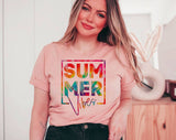"Summer Vibes Tie Dye" design on a peach unisex t-shirt