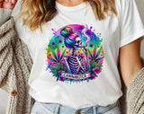 "Cannabitch Skeleton Hippie" design on a white unisex t-shirt