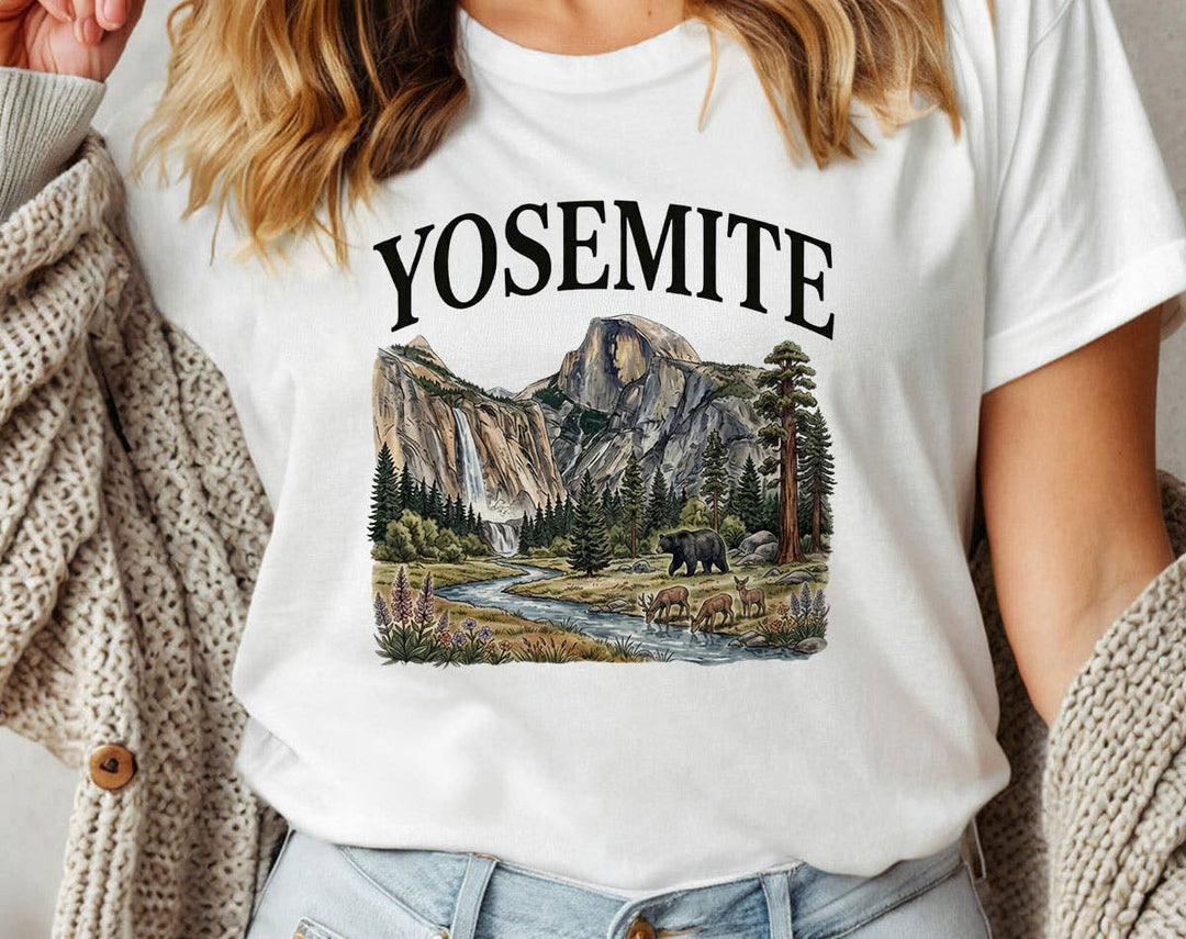 "Yosemite National Park" design on a white unisex t-shirt