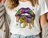 "Mardi Gras Lips Beads Stars" design on a white unisex t-shirt