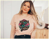 "The Thunder Rolls" design on a peach unisex t-shirt