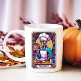 "The Baker Skeleton Tarot" design on a white ceramic coffee mug