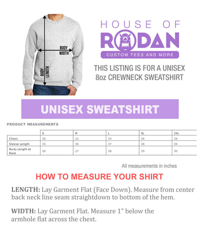 Unisex crewneck sweatshirt size chart, sizes S to 2XL