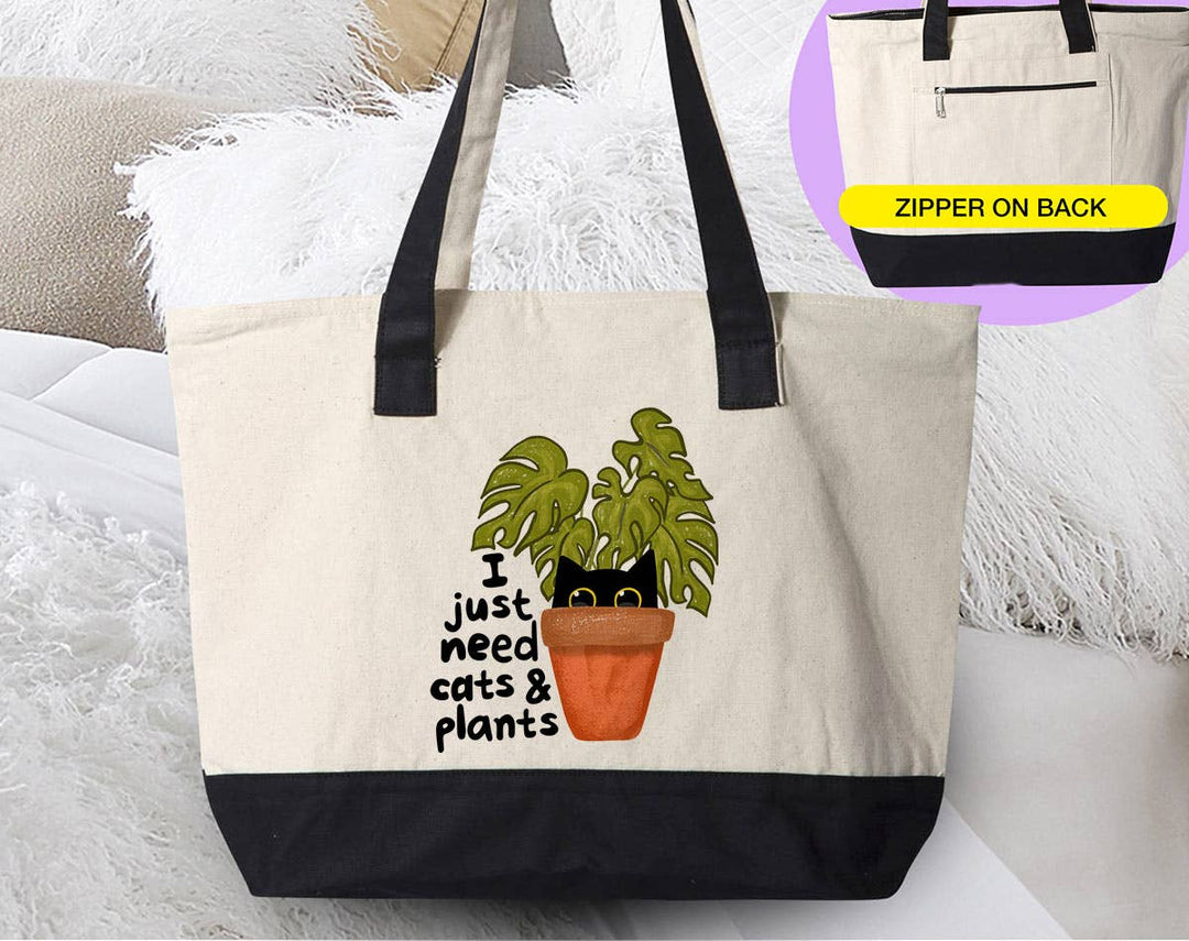 "I Just Need Cats And Plants" design on a natural canvas zippered tote bag
