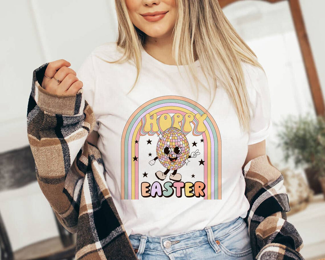 "Hoppy Easter Disco Egg" design on a peach unisex t-shirt