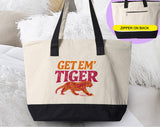 "Get Em' Tiger" design on a natural canvas zippered tote bag