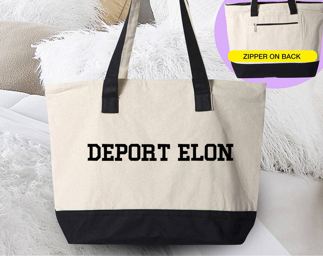 "Deport Elon" design on a natural canvas zippered tote bag
