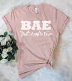 "BAE Best Aunt Ever" design on a peach unisex t-shirt