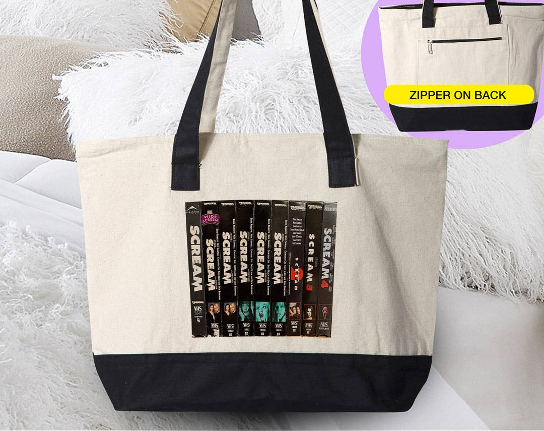 "Scream VHS" design on a natural canvas zippered tote bag
