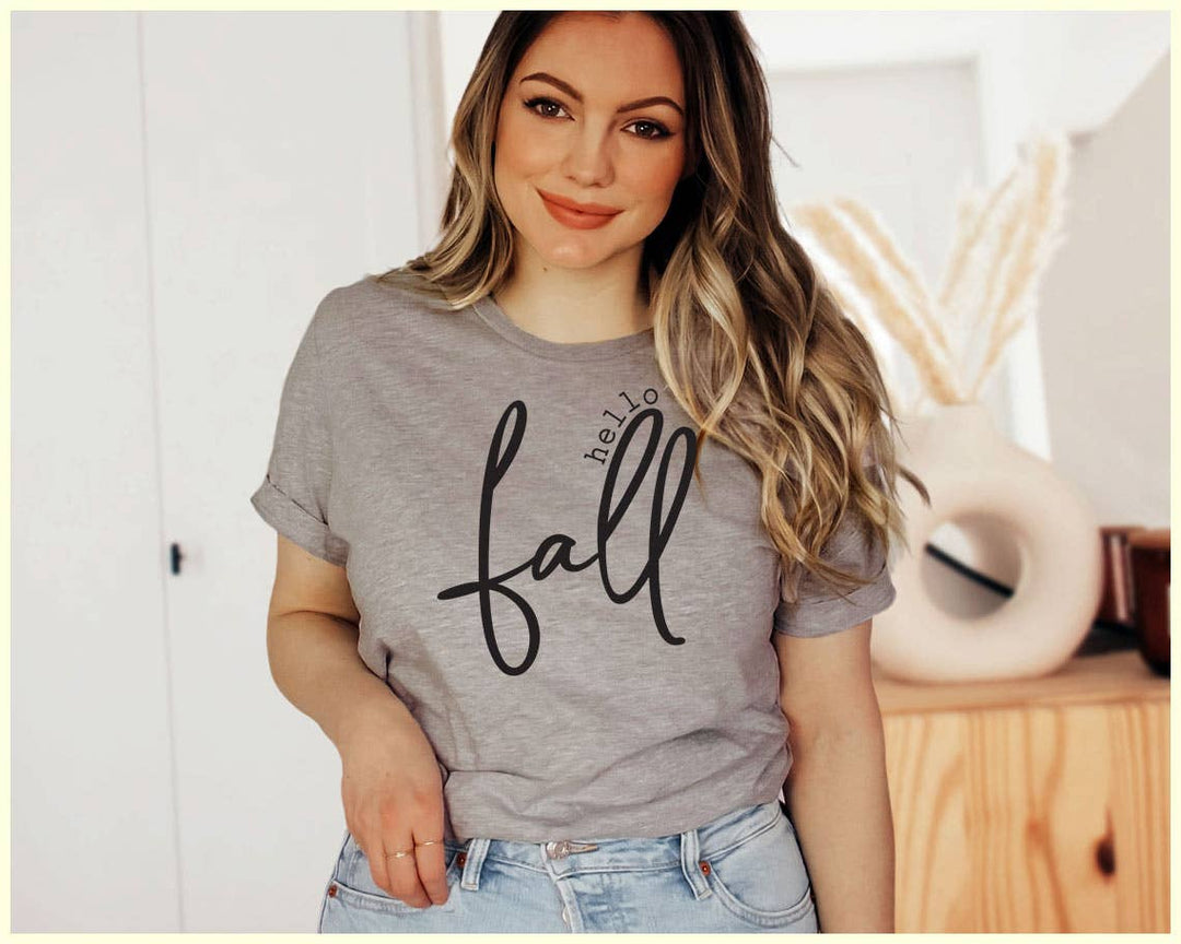 "Hello Fall" design on a heather gray unisex t-shirt