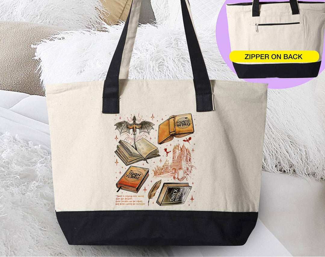 "Fourth Wing Inspired Collage" design on a natural canvas zippered tote bag
