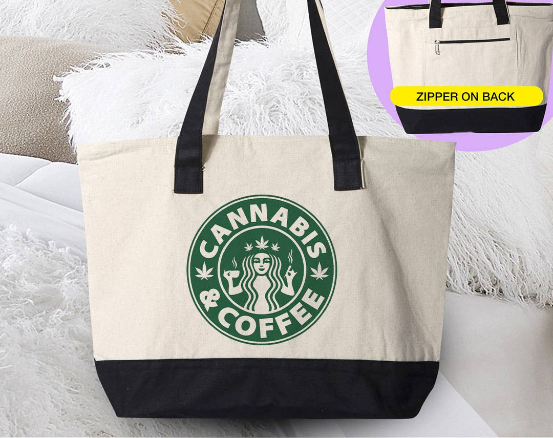 "Cannabis And Coffee" design on a natural canvas zippered tote bag