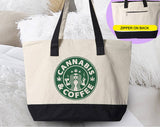 "Cannabis And Coffee" design on a natural canvas zippered tote bag