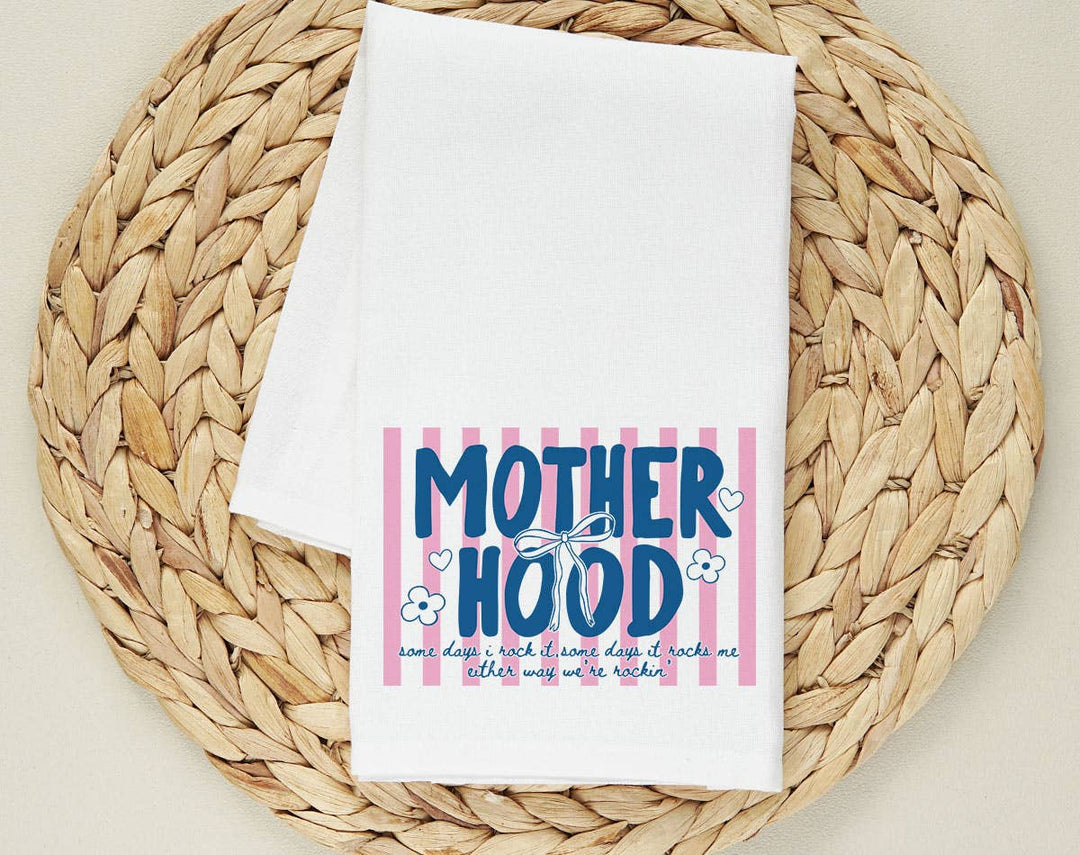 "Motherhood Pink & Blue" design on a white 28 x 28 inch flour sack tea towel