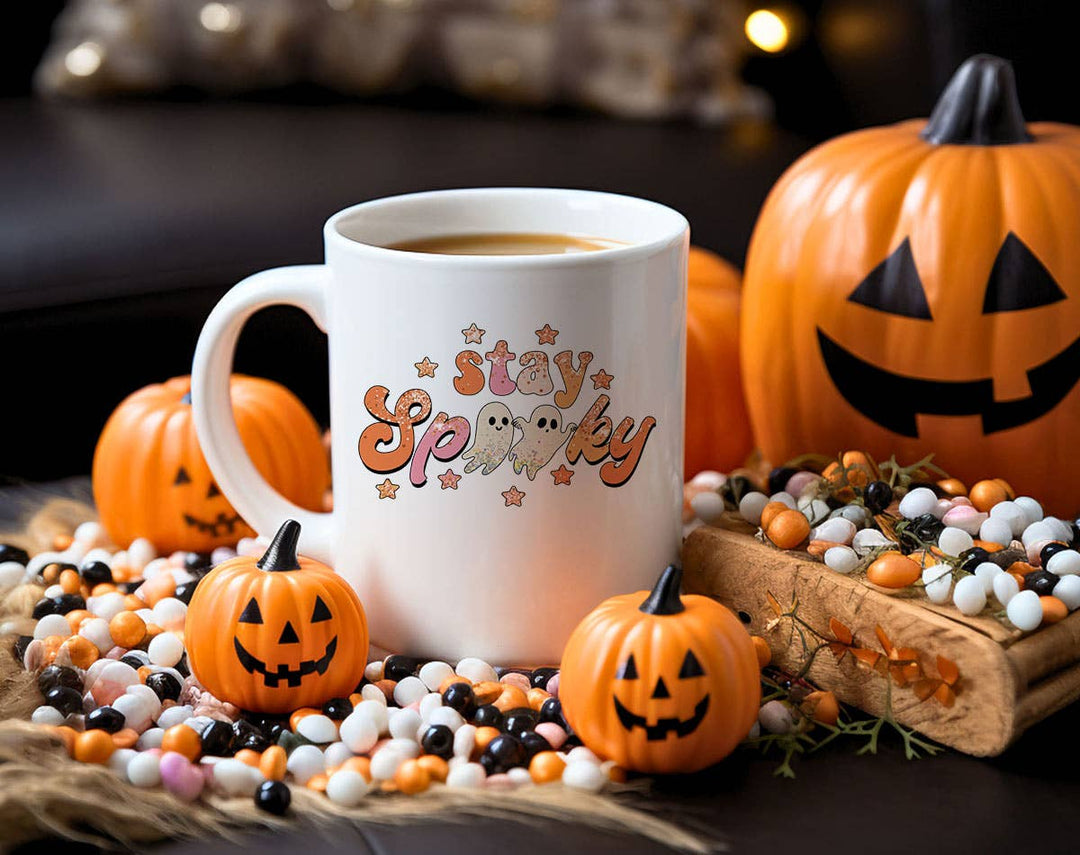 "Stay Spooky" Halloween design on a white coffee mug