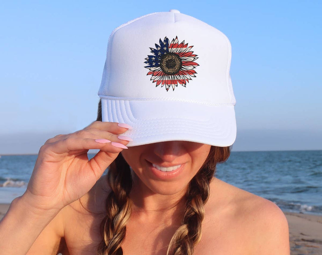 "Sunflower American Flag" design on a mesh-back snapback trucker hat