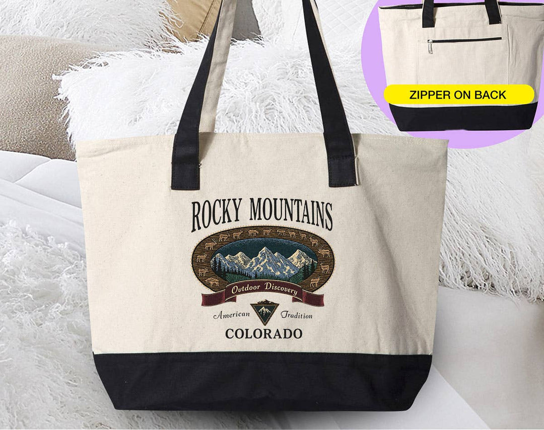 "Rocky Mountains Hiking Camping Outdoors" design on a natural canvas zippered tote bag