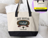 "Rocky Mountains Hiking Camping Outdoors" design on a natural canvas zippered tote bag