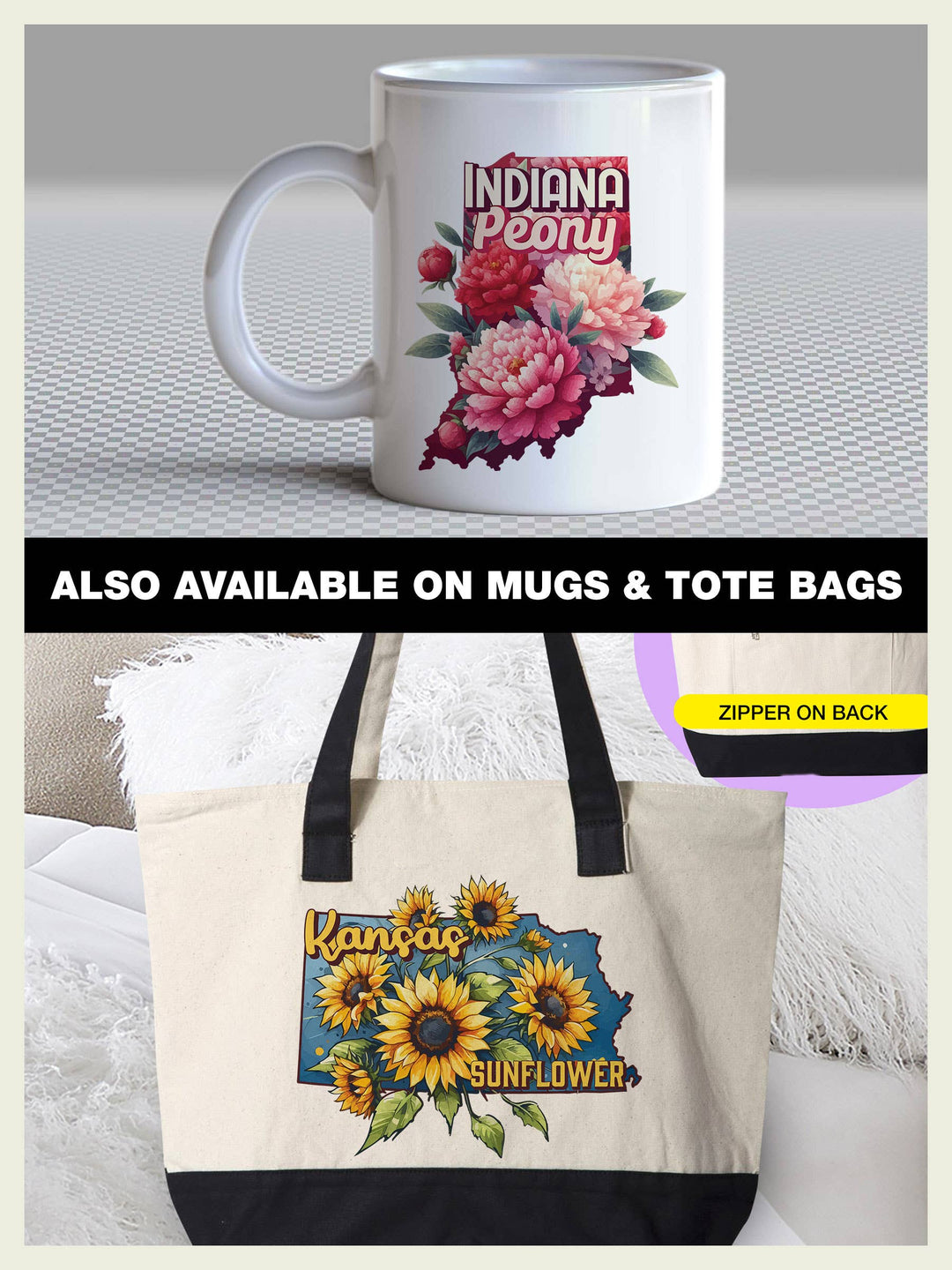 "Indiana State Flower Peony" design, alternate view, on a white 28 x 28 inch flour sack tea towel