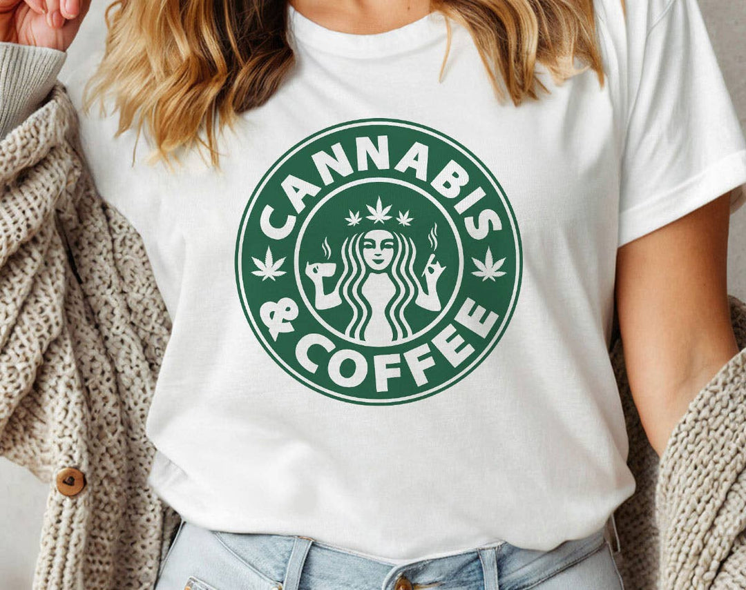 "Cannabis And Coffee" design on a white unisex t-shirt