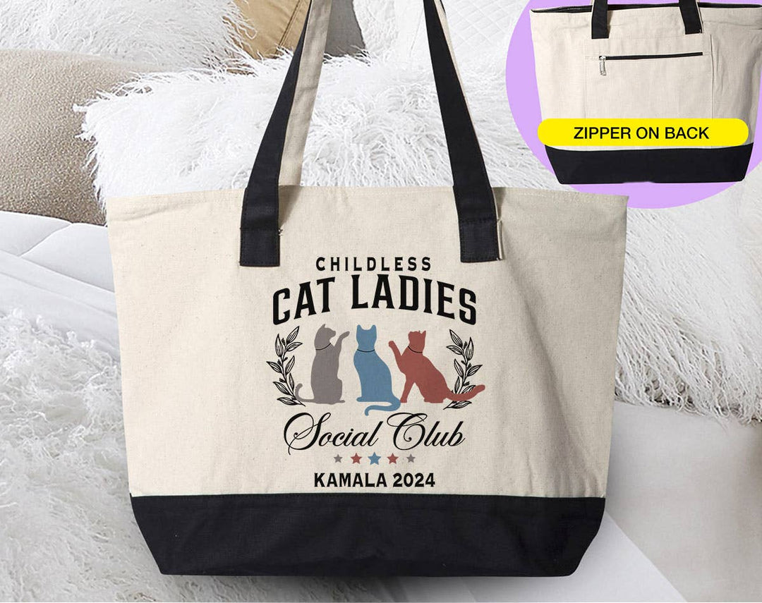 "Childless Cat Ladies For Social" design on a natural canvas zippered tote bag