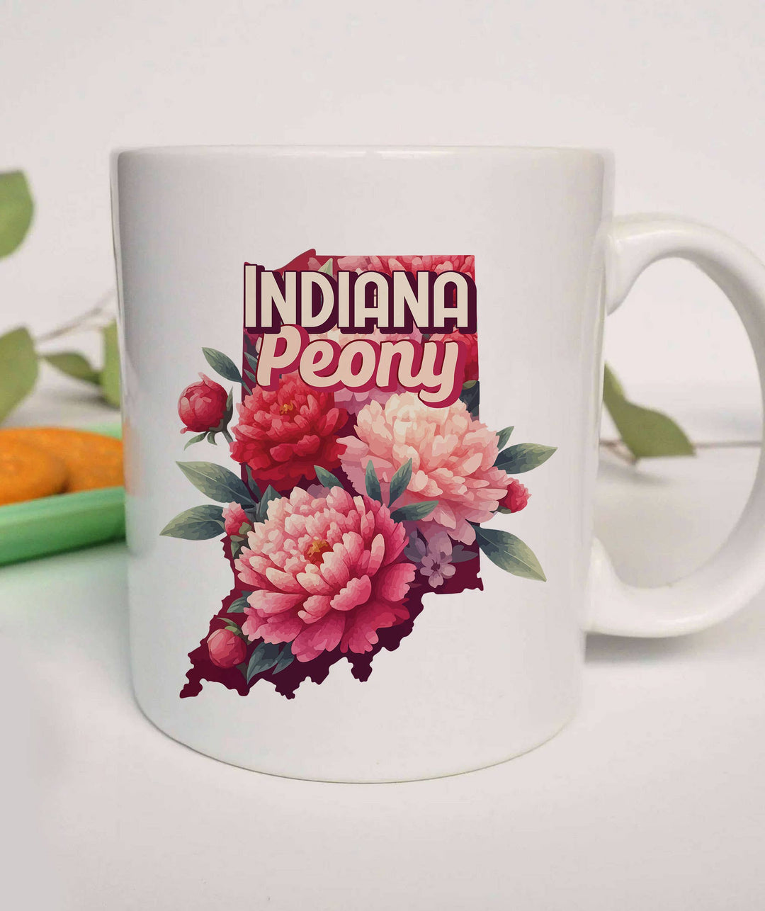 "Indiana State Flower Peony" design on a white ceramic coffee mug