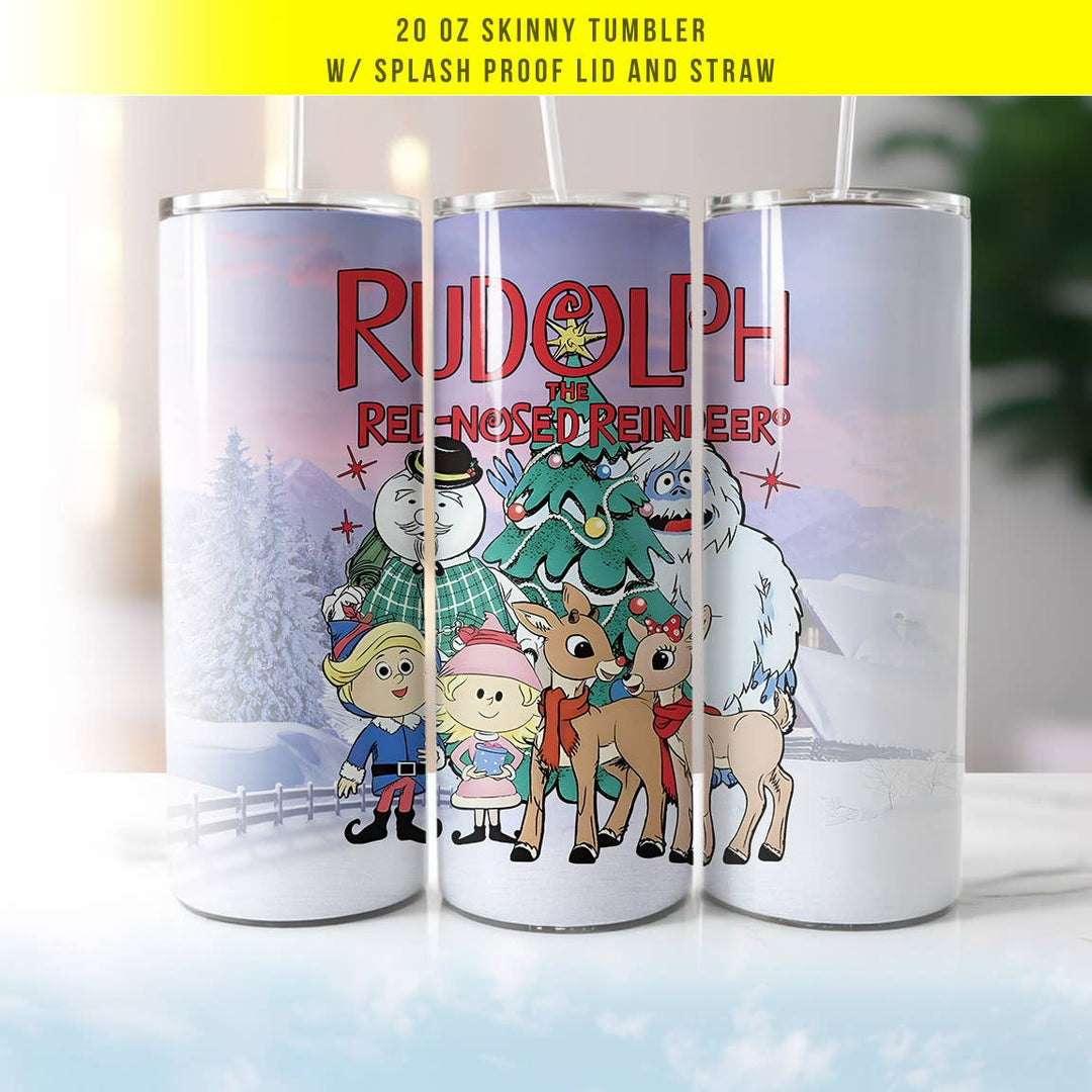 "Rudolph Pastel" design on a 20 oz skinny tumbler with lid and straw