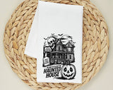 Haunted House We Dare You Halloween Tea Towel, Flour Sack Kitchen Dish Towel